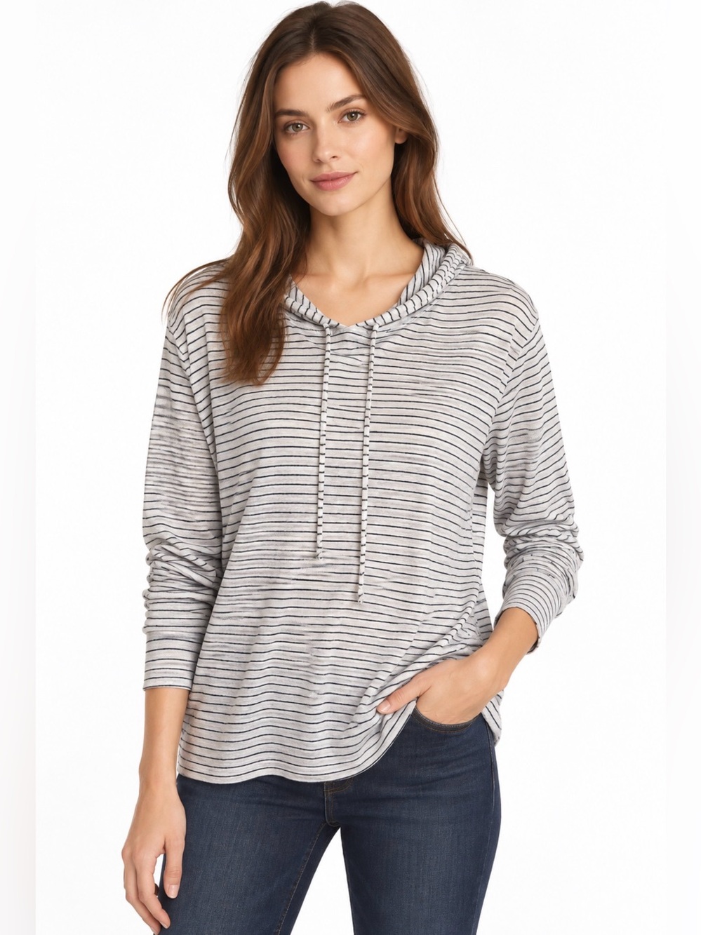 Nordstrom 100%Linen Gray Black Striped Lightweight Hoodie Women’s Size M Coastal